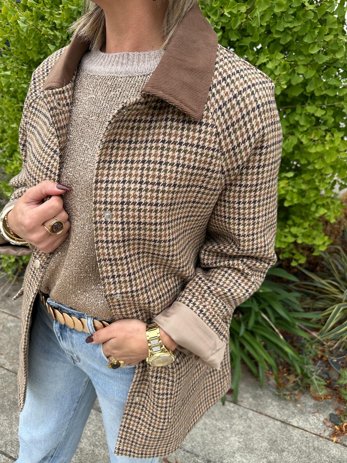 Veste Mi-Longue Pied-de-Poule Beige et Marron – Joséphine