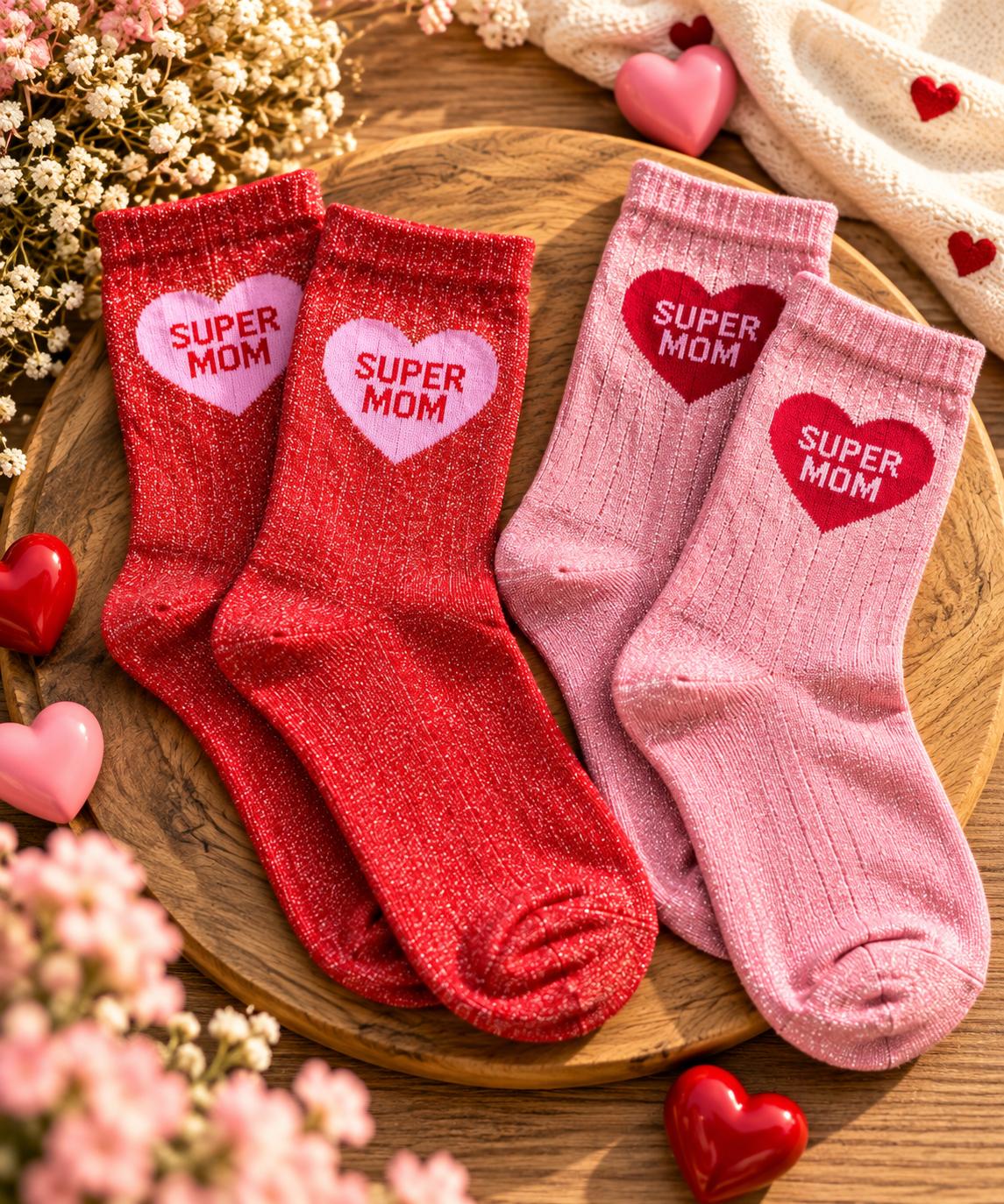 Chaussetttes Pailletées à Coeur Super Mom