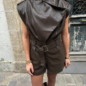 ‼️ Précommande ‼️ - Combishort en Simili Cuir Chocolat à Ceinture – Isaline