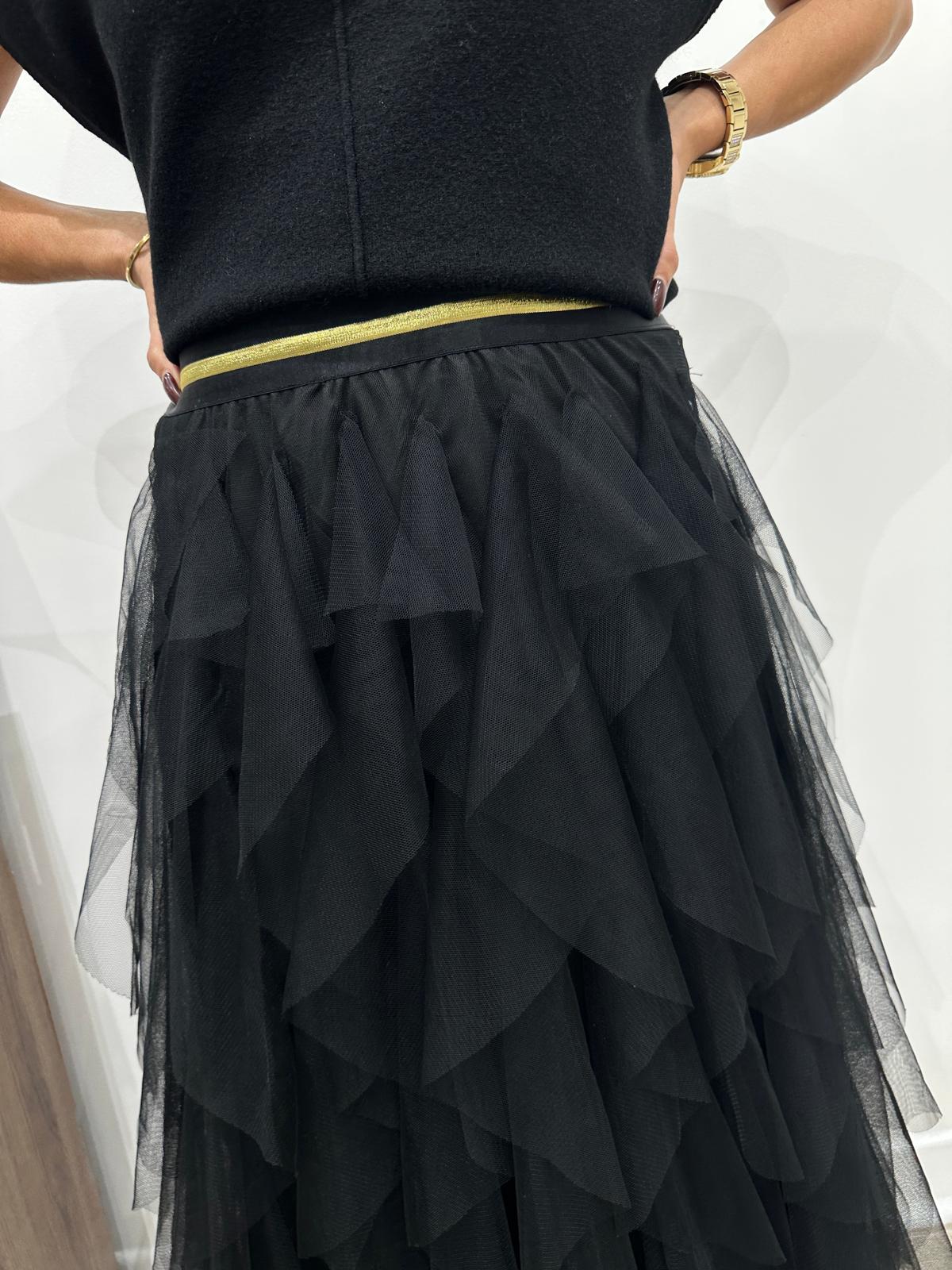 Jupe Longue en Tulle à Volants Noirs – Éléandra