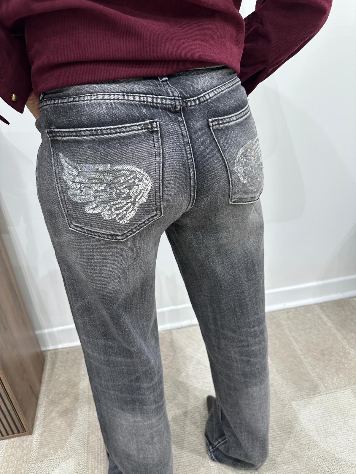 Jean Wide Leg Gris Délavé à Ailes D’ange en Sequins – Éléana