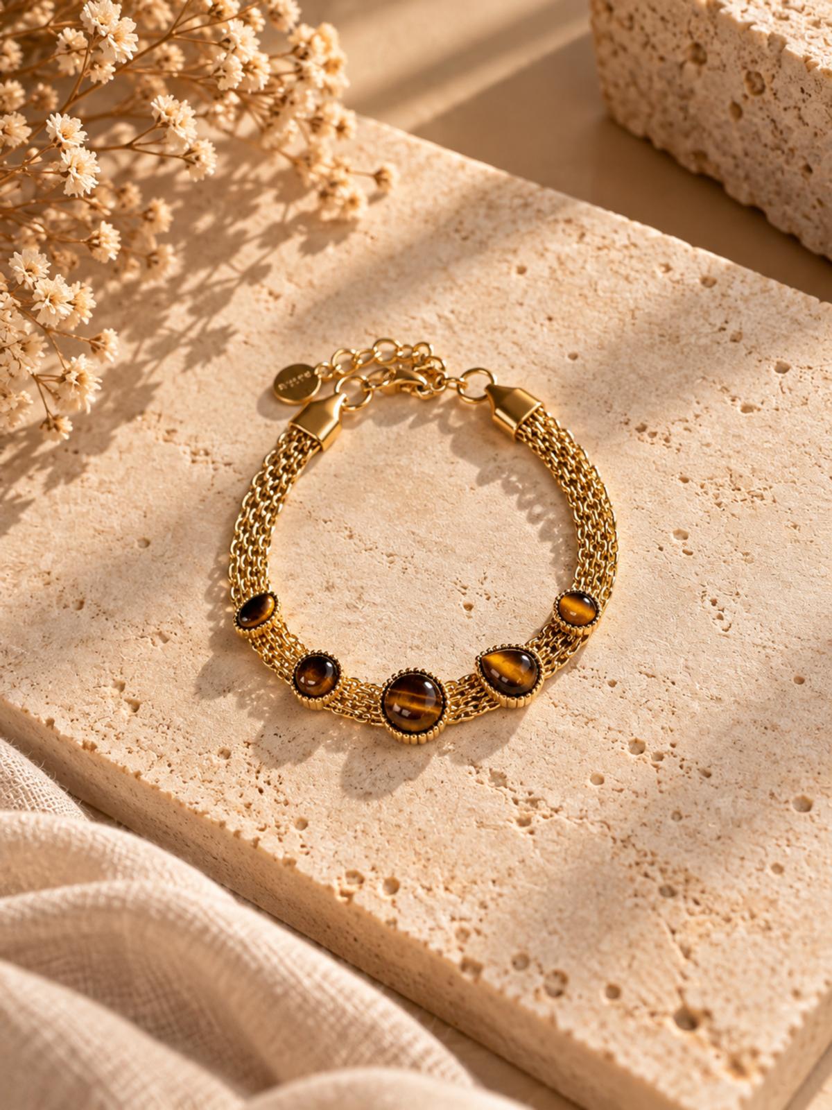 Bracelet Multirangs Doré à Pierres Marron – Vespera