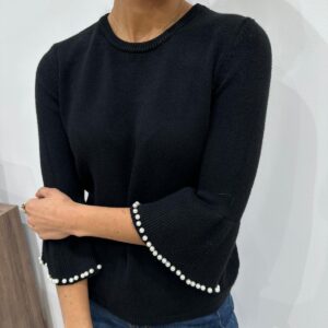 Pull Noir à Manches Évasées et Perles - Élissandre
