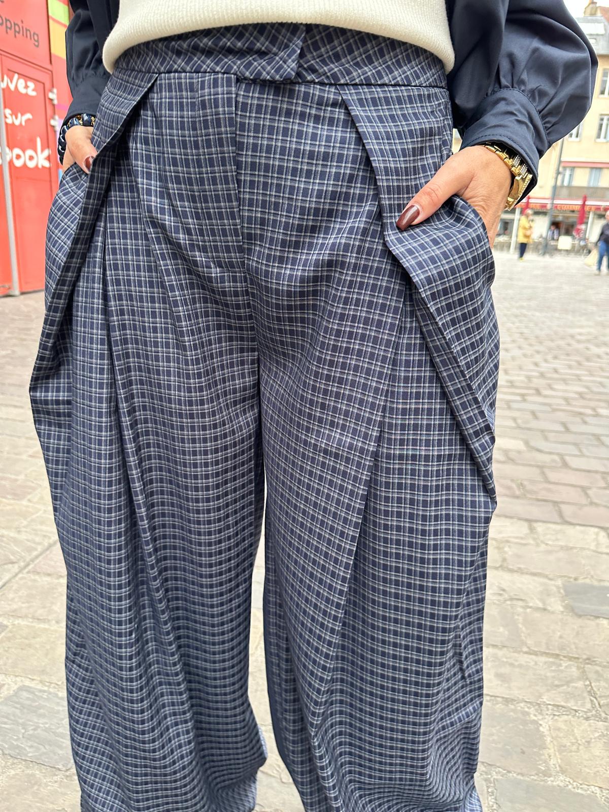 Pantalon Large à Carreaux Marine – Azéliana