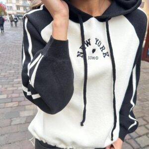 Pull à Capuche New York Soho Écru et Noir - Evandre
