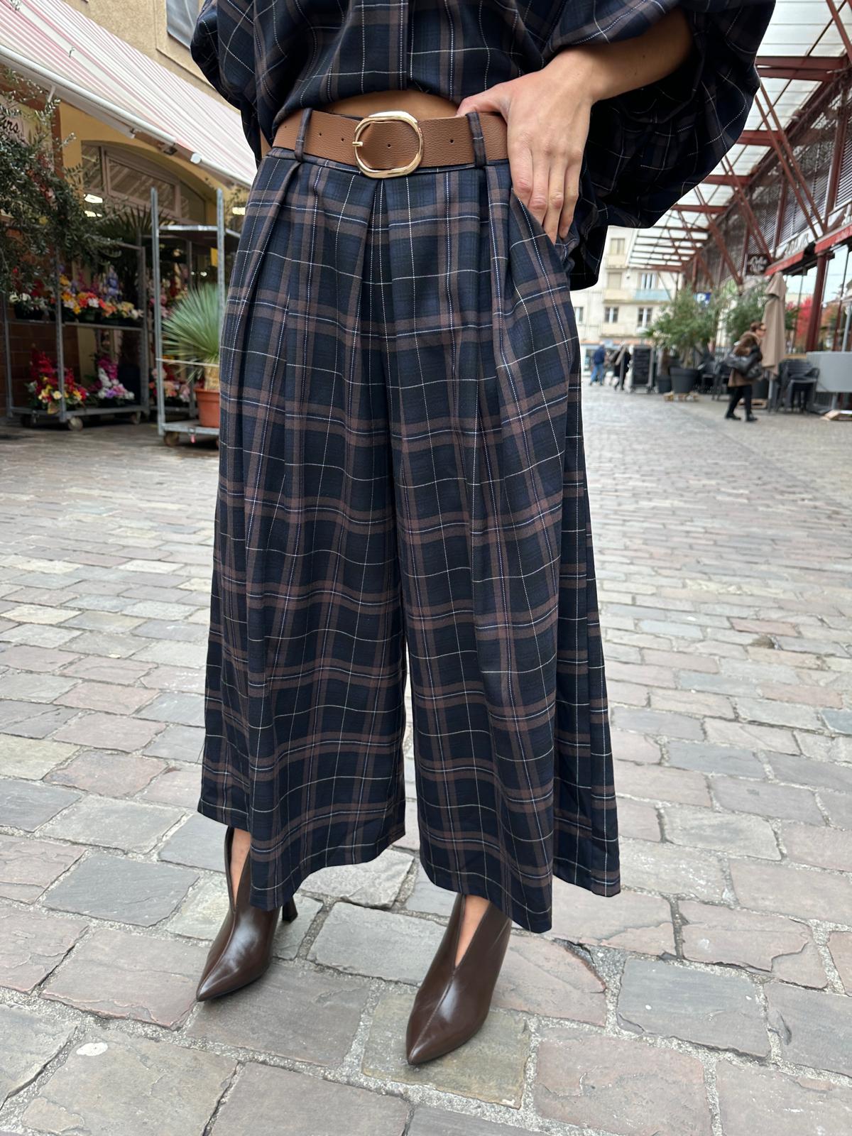 Pantalon Large à Carreaux Marine et Chocolat – Elorie