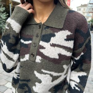 Pull Camouflage Kaki à Col Polo – Mélyssandre
