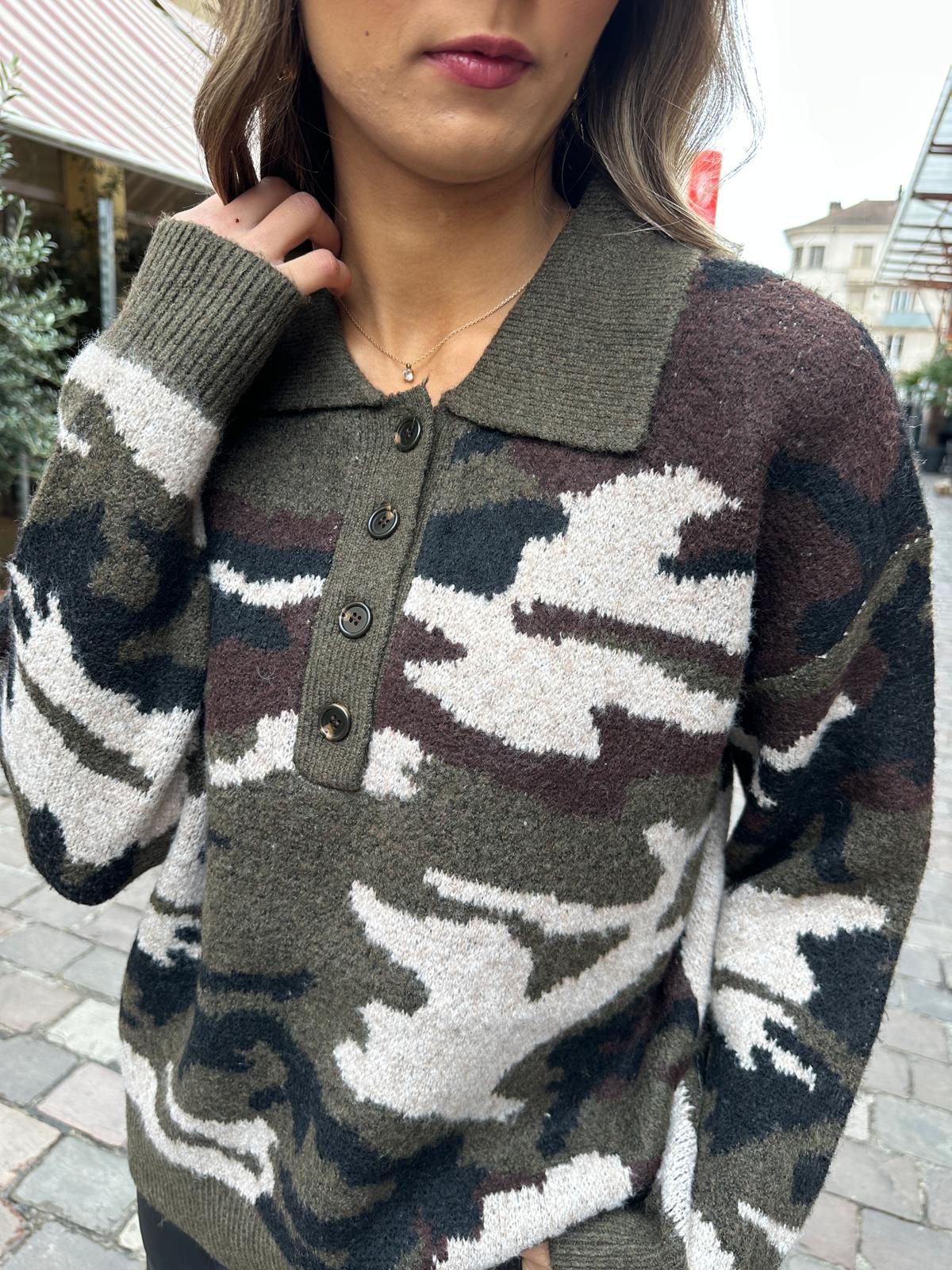 Pull Camouflage Kaki à Col Polo – Mélyssandre