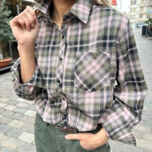 Chemise à Carreaux Kaki et Rose avec Strass – Pelagie