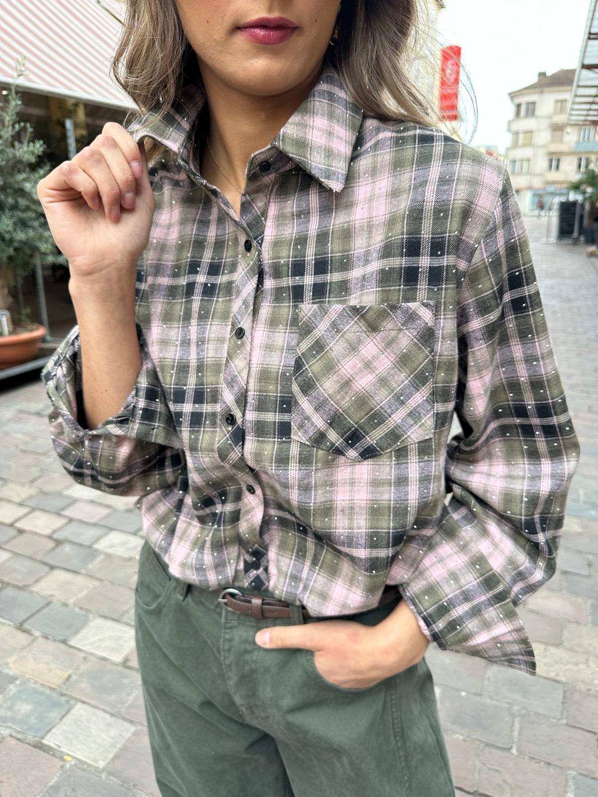Chemise à Carreaux Kaki et Rose avec Strass – Pelagie