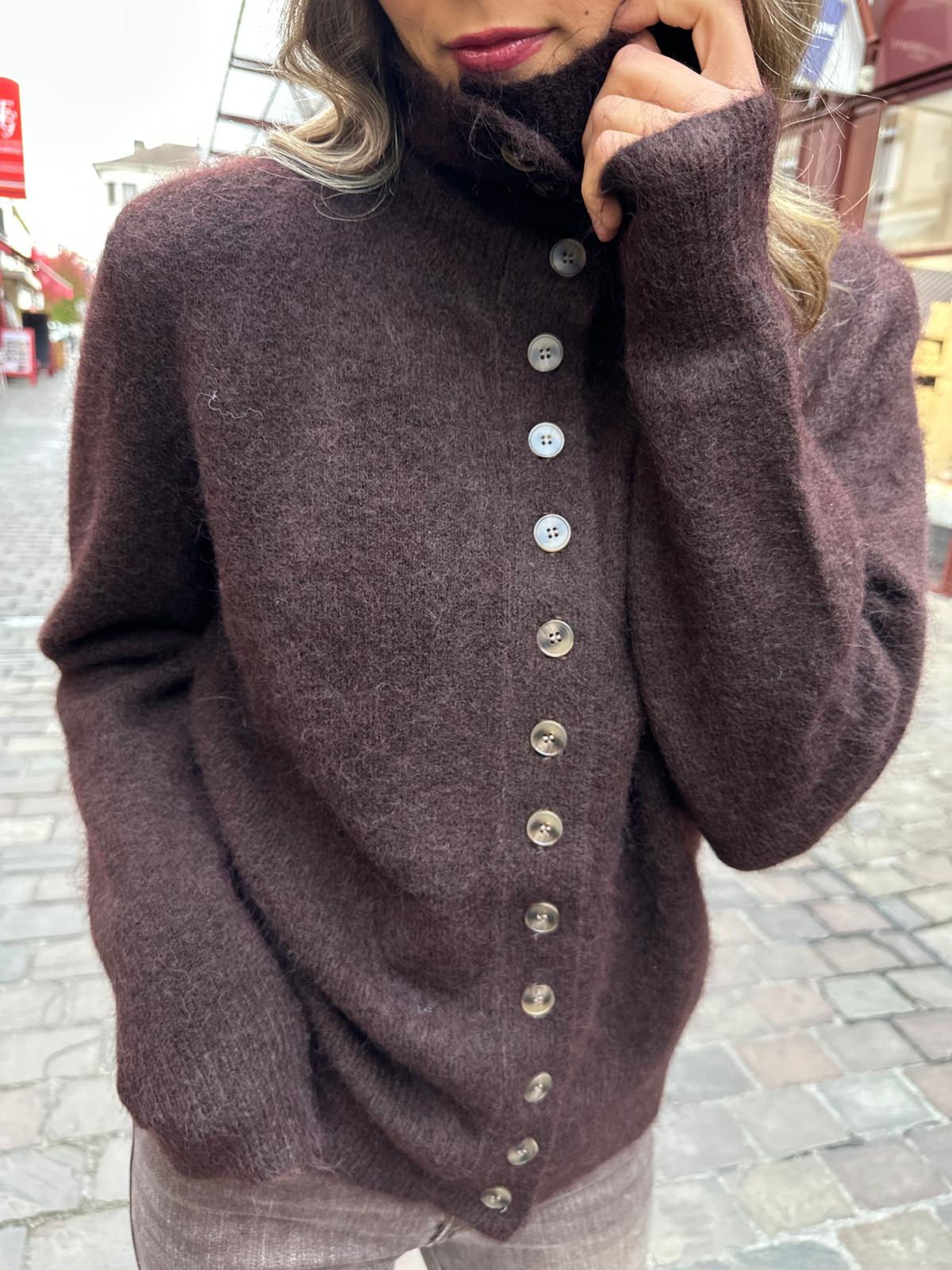 Gilet Chocolat en Maille Duveteuse à Boutons – Marien