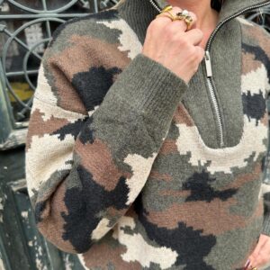 Pull Camouflage Kaki à Col Montant Zippé – Azélina