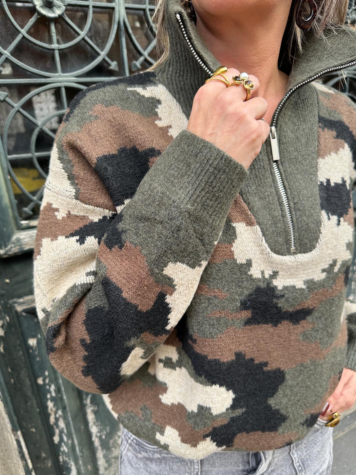 Pull Camouflage Kaki à Col Montant Zippé – Azélina