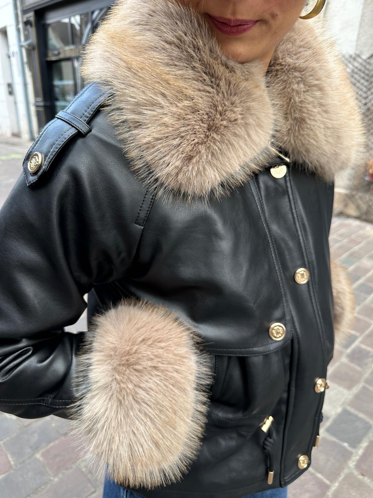 Blouson Noir Effet Cuir Fourré – Alméline