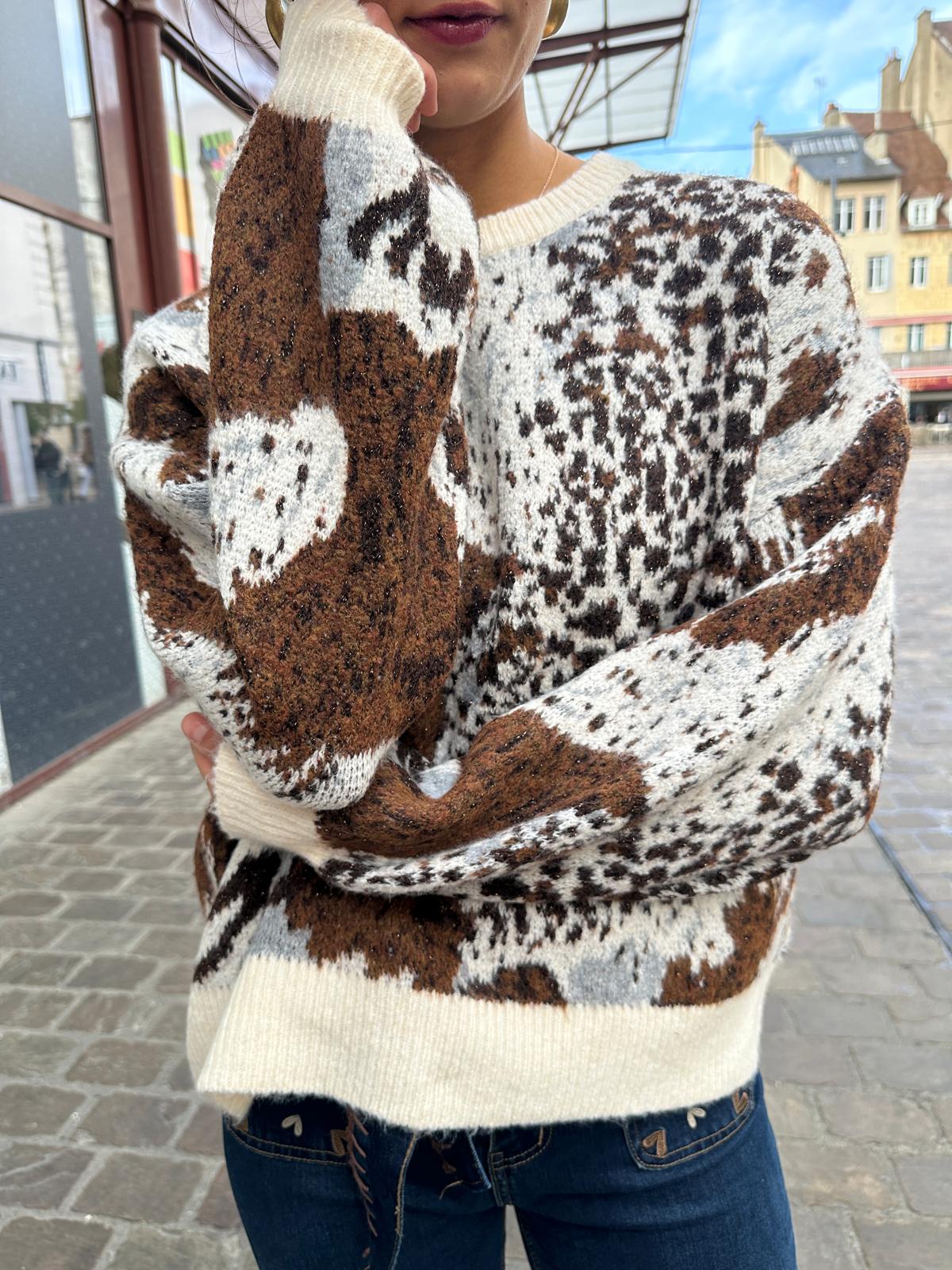 Pull Imprimé Abstrait Écru et Chocolat – Esméline