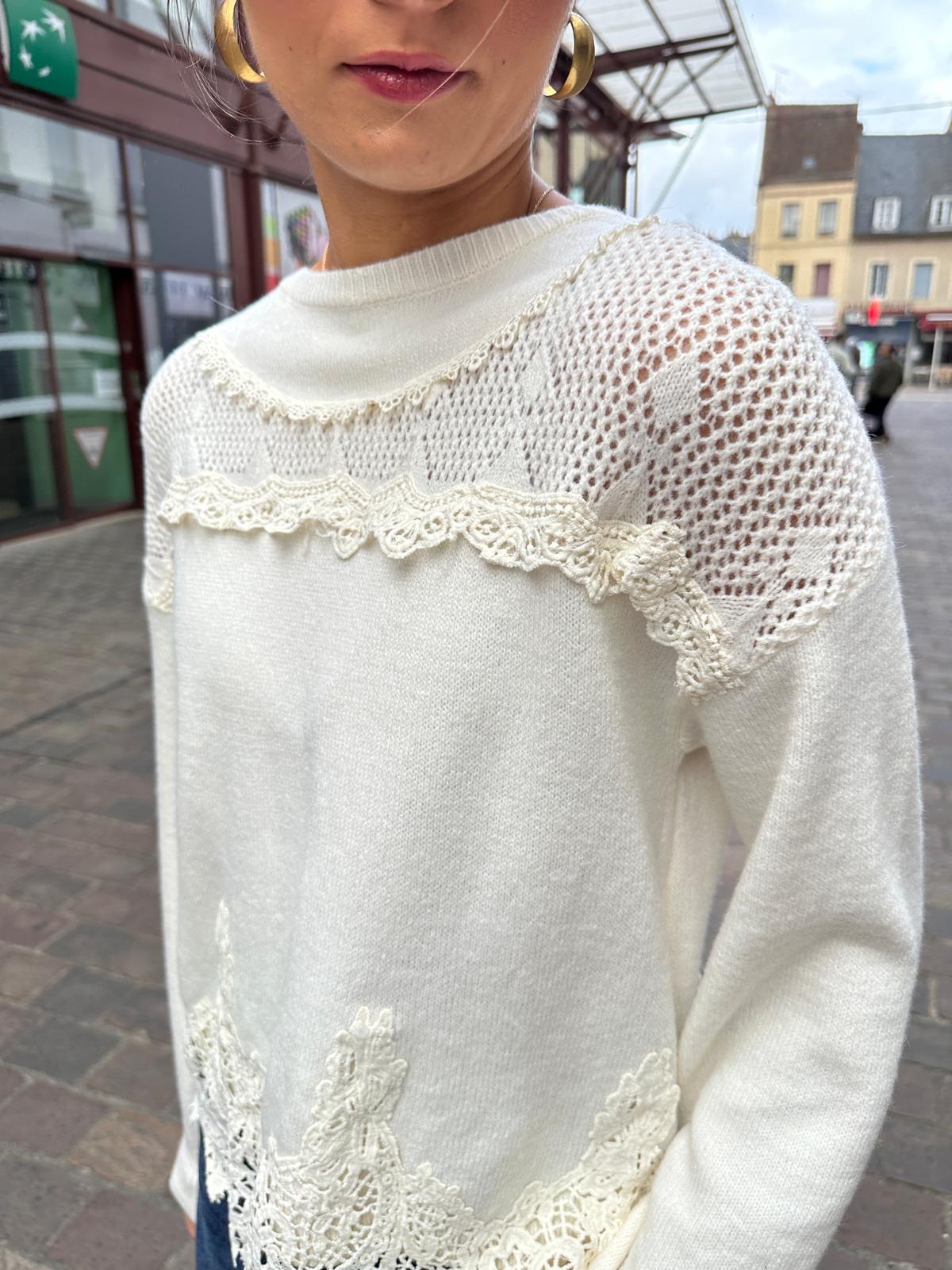 Pull écru à dentelle – Éloriane