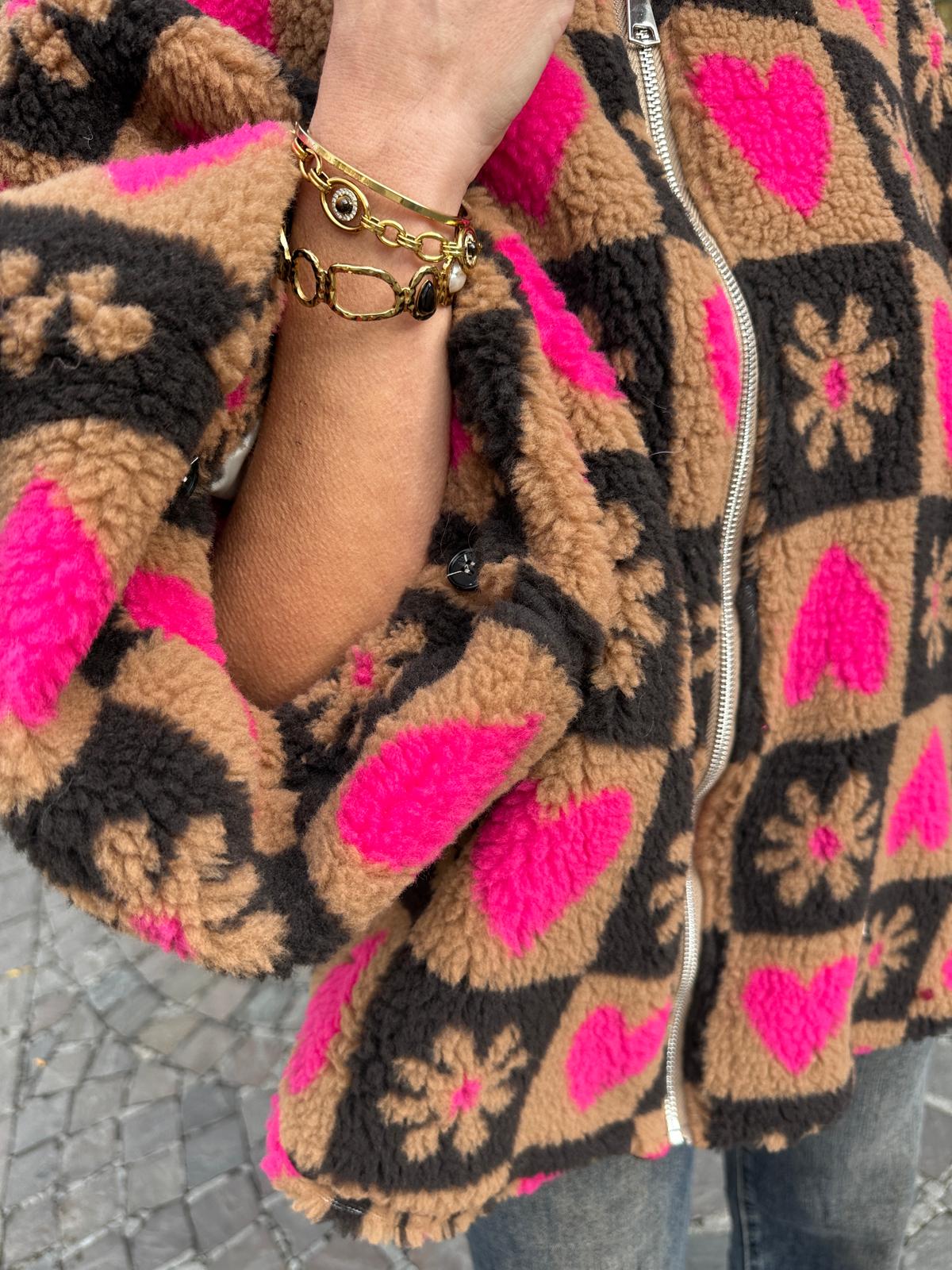 Veste Polaire Camel à Carreaux, Cœurs Roses et Fleurs – Florélia