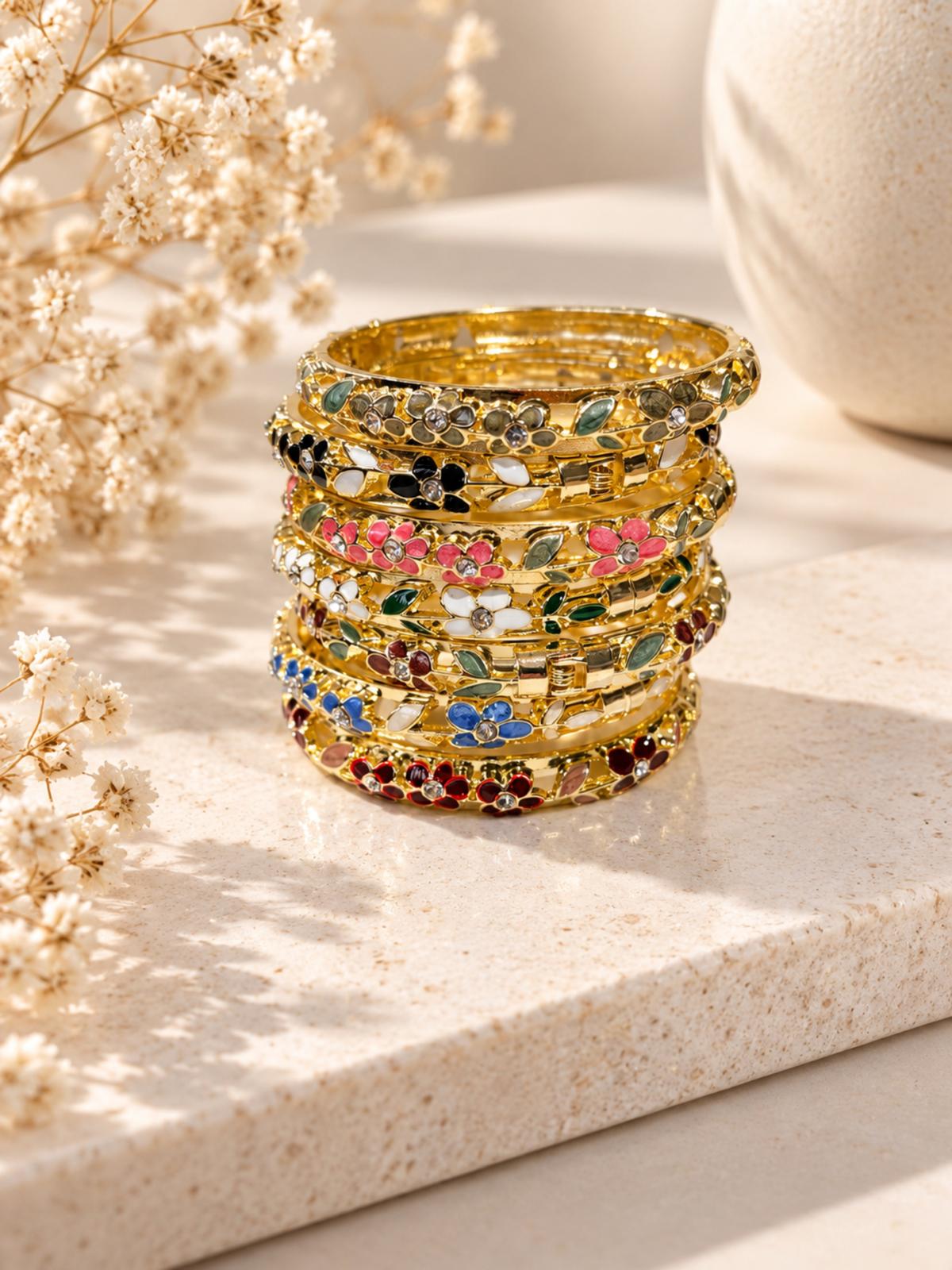 Bracelet Jonc Doré à Fleurs Colorées – Florélia
